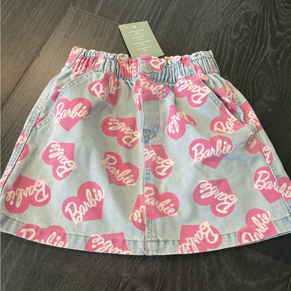 Barbie H&M Denim Skirt with Pink Heart Barbie Print, Girls Size 7, NWT